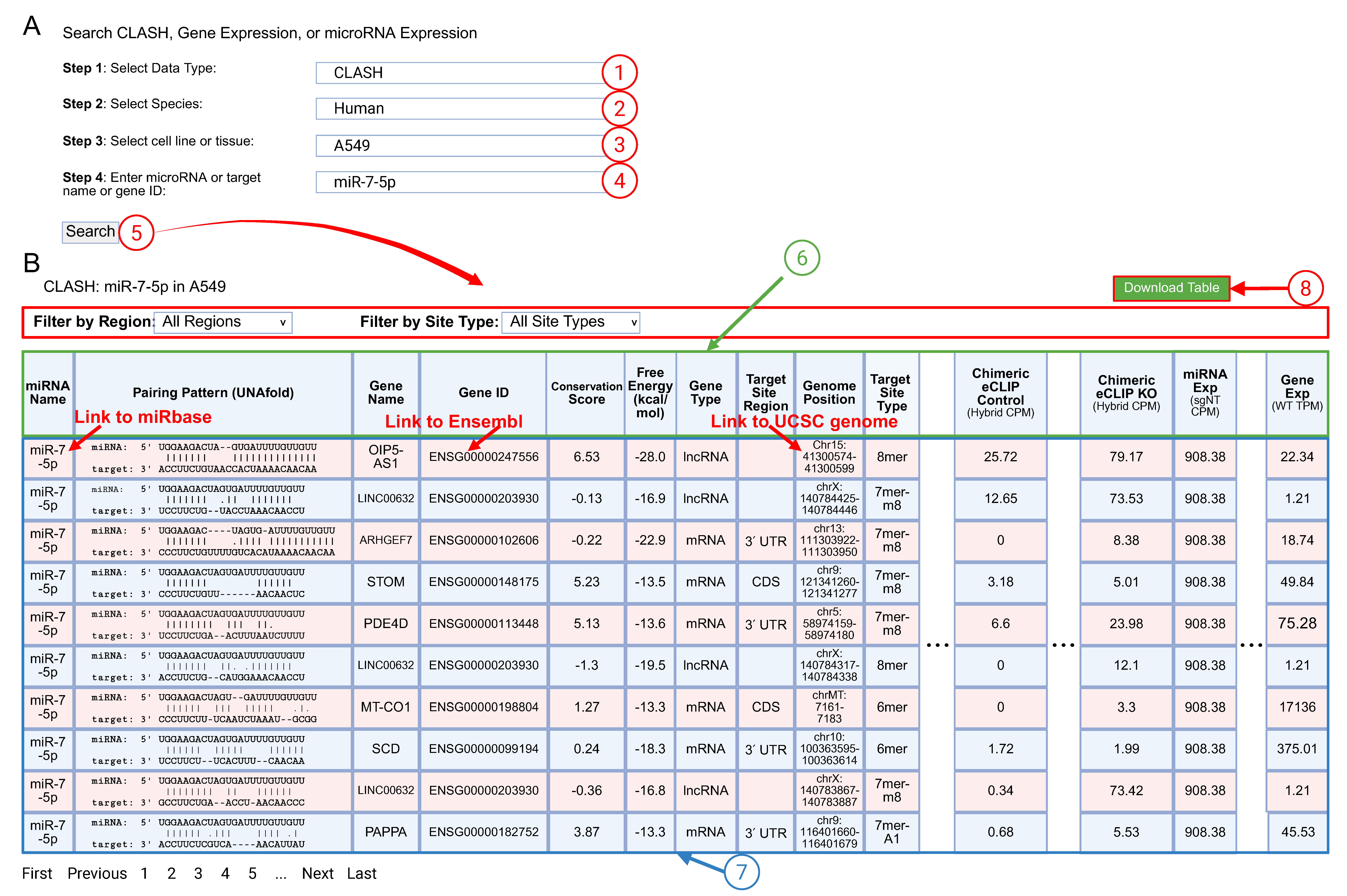 Annotated CLASH search and results overview (numbers 1–8)